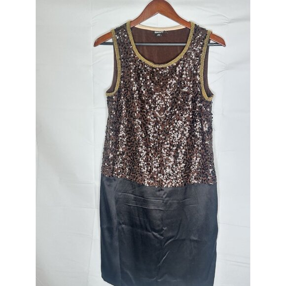 DKNY Womens Brown Sequined Knee-Length Cocktail and Party Dress Size Small Pull - Picture 1 of 13